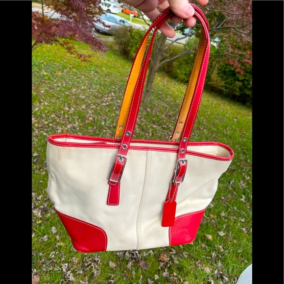 Coach’s Authentic Red Leather Trimmed Satchel - Picture 1 of 12